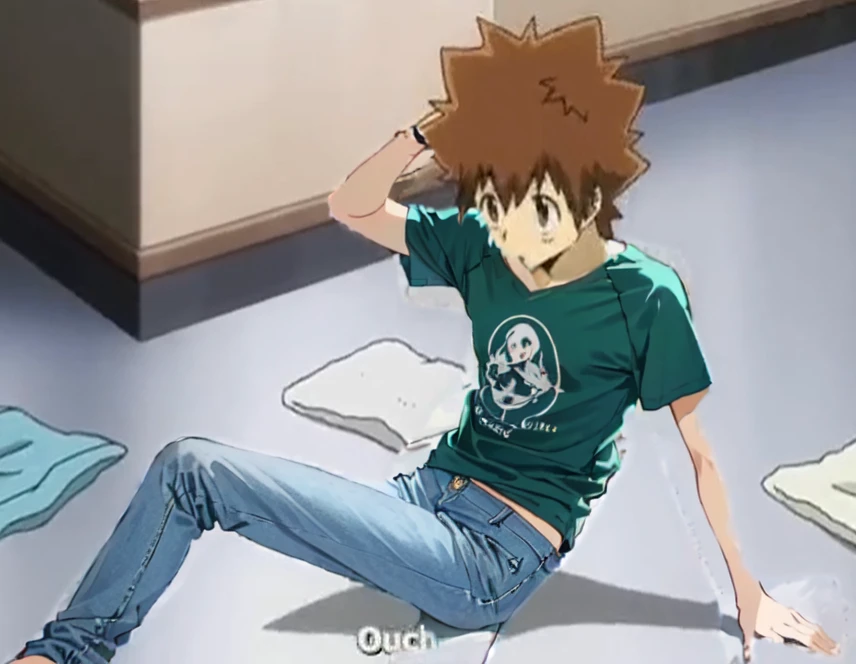 Green t shirt, blue jeans, Raglan slevess, long pants,