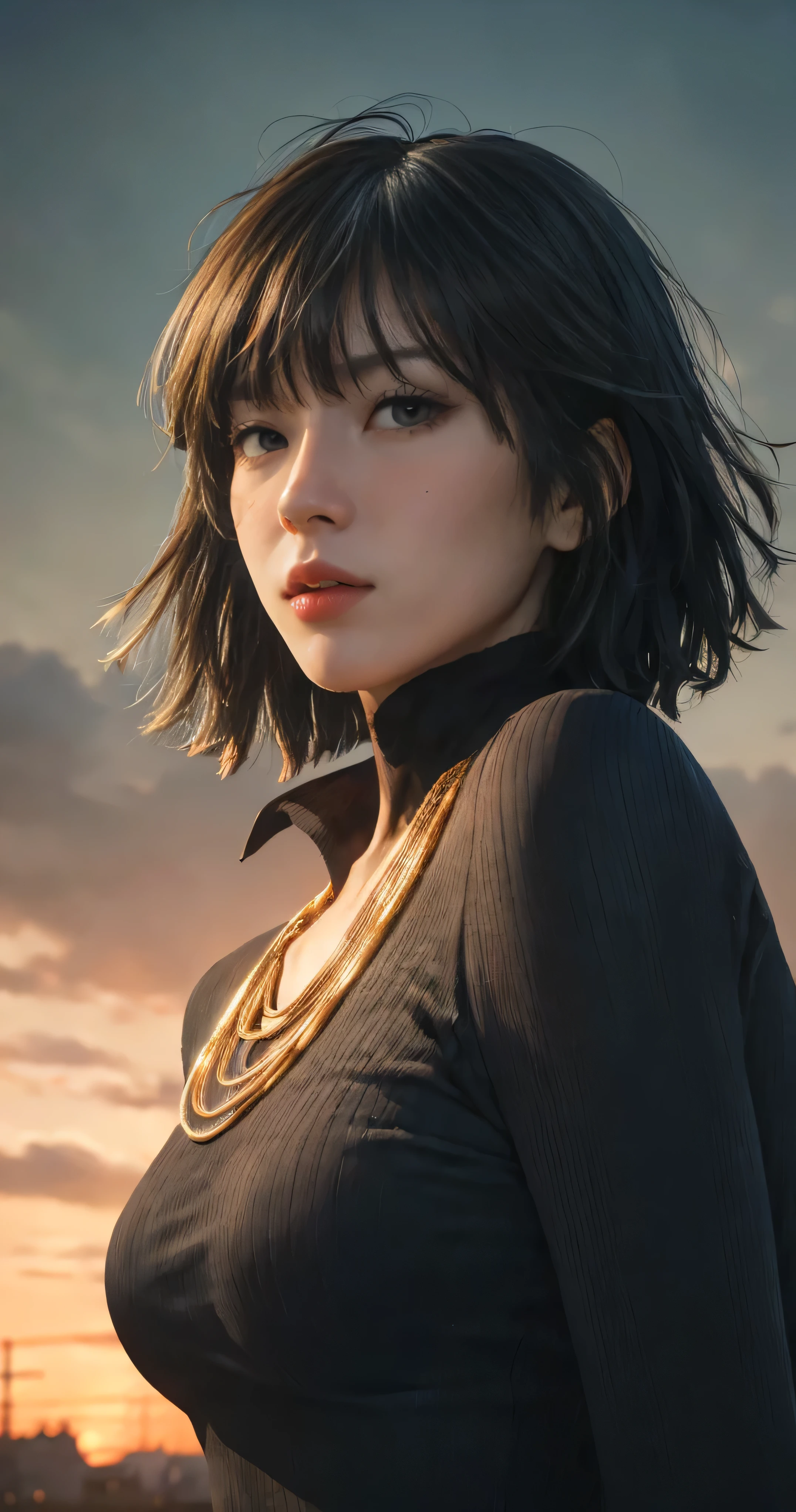 FUBUKI, (BLACK HAIR), Straight hair, TAUT CLOTHES, FUR COAT, JEWELRY, NECKLACE, long face, short hair, straight hair, (photorealistic:1.2), (masterpiece), best quality, (detailed face:1.4), raw photo, ultra realistic 8k, perfect artwork, (background violent tornado and storm :1.2),BREAK, photography,masterpiece,best quality,HDR,highres,realistic details,8K,HDR,highres,absurdres,1girl fly in the air, fubuki,expressionless, tiny breasts,masterpiece,ultra realistic,32k,extremely detailed CG unity 8k wallpaper, best quality, head to waist section composition.