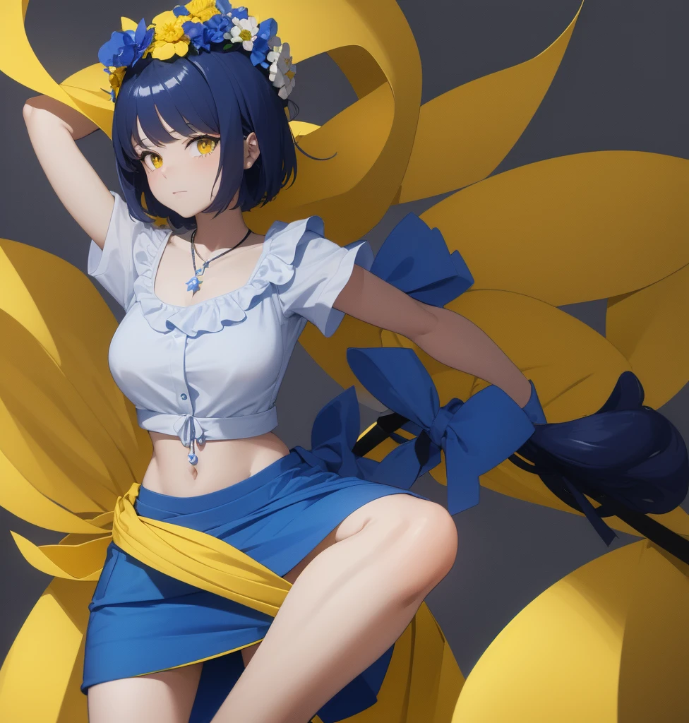 A CUTE GIRL, It is 7 heads tall, short blue hair, yellow eyes that stand out and shine, she is wearing a very small blue skirt with yellow horizontal pattern, Under the skirt she has very tight and shiny shorts, they are also very dark blue., She is wearing a blouse that highlights her exuberant breasts., The blouse also has a yellow and blue pattern, He has a yellow ribbon on his head, In his right hand he carries a yellow flower and in his left hand he carries nothing., ella está parada haciendo una pose afeminada donde highlight your hips, the background is empty, it&#39;s blue, sun a solid color blue and yellow, there is only one girl, there is only one girl, highlight your hips, she is blushing