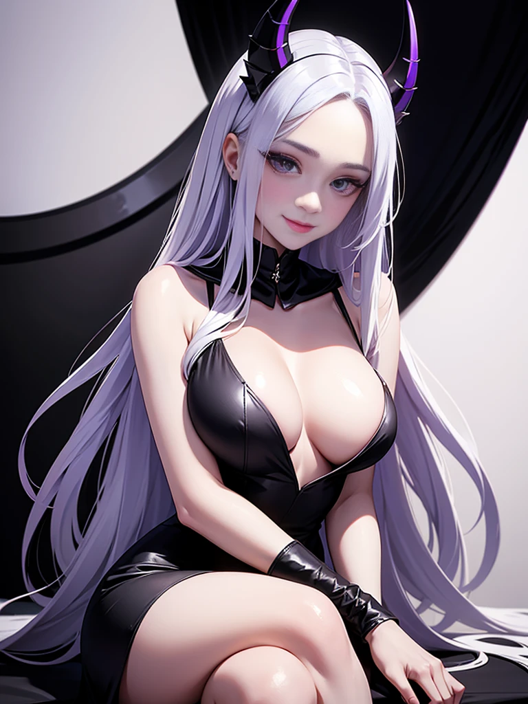 young beautiful girl with white long hair, with two onyx black horns on the head that extend slightly above the forehead and are long and thin in shape and stick out forward , has black eyes, lips are painted with purple, not bright lipstick, Dressed in a black dress, she sits cross-legged in the middle of a white room, average breast size, a milf, smiles maliciously, clothing is closed and there are no exposed parts of the body,