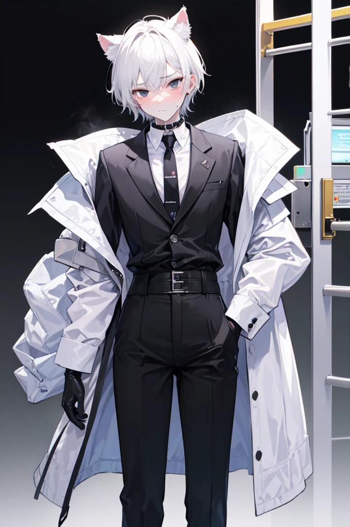 A 18-year-old boy, white and tender skin, cute, wearing white long-sleeved shirt, black jacket and black work tie, black trousers, black booties, white gloves, collar, white hair,wear cat ears, black eyes, thin waist, thin legs, handsome, disdainful and indifferent expression, shy, blush a lot, afraid, sweating, tired, pornography, Pornographic action