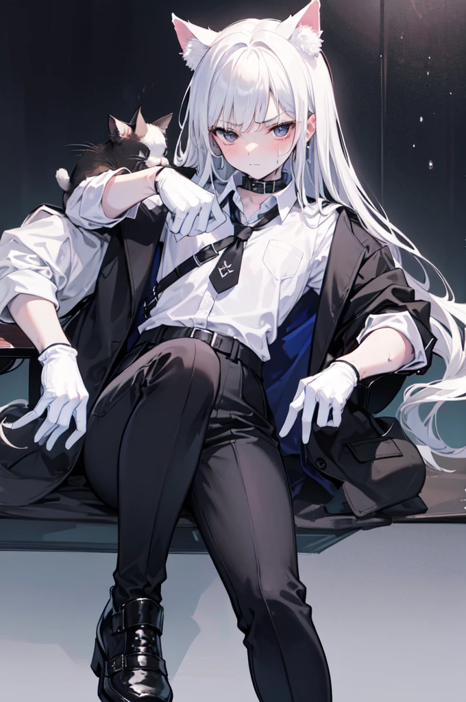 A 18-year-old boy, white and tender skin, cute, wearing white long-sleeved shirt, black jacket and black work tie, black trousers, black booties, white gloves, collar, white hair,wear cat ears, black eyes, thin waist, thin legs, handsome, disdainful and indifferent expression, shy, blush a lot, afraid, sweating, tired, pornography, Pornographic action