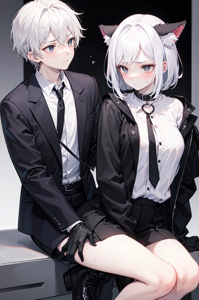 A 18-year-old boy, white and tender skin, cute, wearing white long-sleeved shirt, black jacket and black work tie, black trousers, black booties, white gloves, collar, white hair,wear cat ears, black eyes, thin waist, thin legs, handsome, disdainful and indifferent expression, shy, blush a lot, afraid, sweating, tired, pornography, Pornographic action