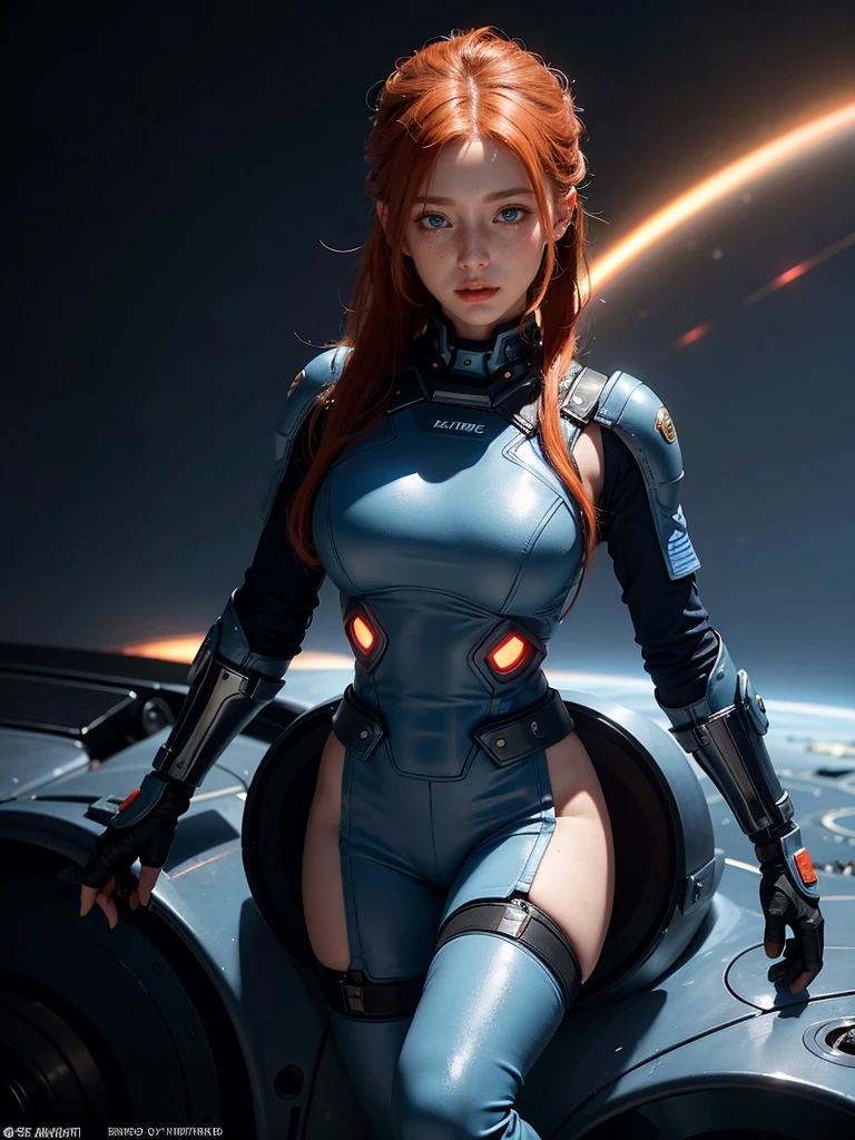 A female astronaut in a futuristic, high-tech spacesuit, with ginger/red hair, freckles, and a cute, detailed face with striking blue eyes, set against a dystopian sci-fi space background.

(ginger woman, astronauta, futuristic astronauta space suit, freckles:0.8, cute face, sci-fi, dystopian, detailed eyes, blue eyes, best quality,4k,8k,highres,masterpiece:1.2,ultra-detailed,realistic,photorealistic,photo-realistic:1.37,HDR,UHD,studio lighting,ultra-fine painting,sharp focus,physically-based rendering,extreme detail description,professional,vivid colors,bokeh)