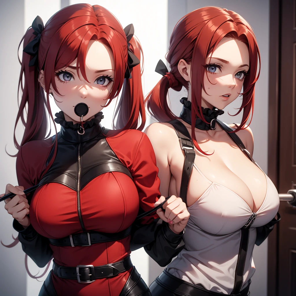 large breasted dominatrix red hair pigtails holding gag, hiding a secret, innocent shushing