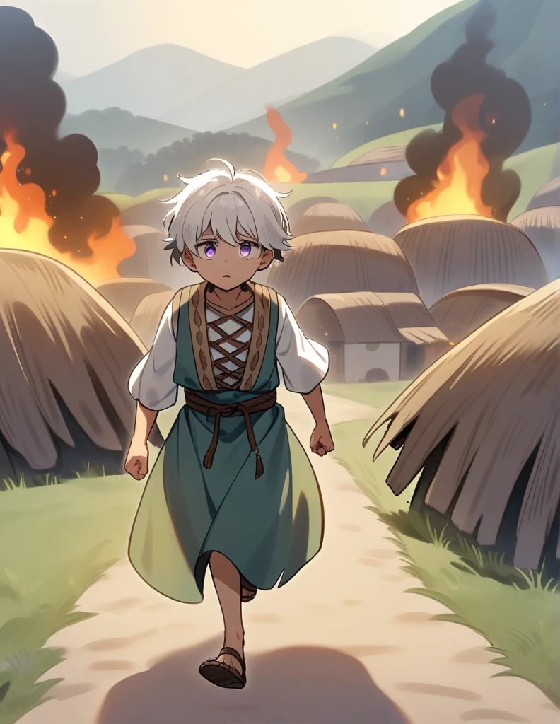  Greek boy wiwhite hair, violet eyes, wearing peasant clothes, desperate and running alone through his burning village