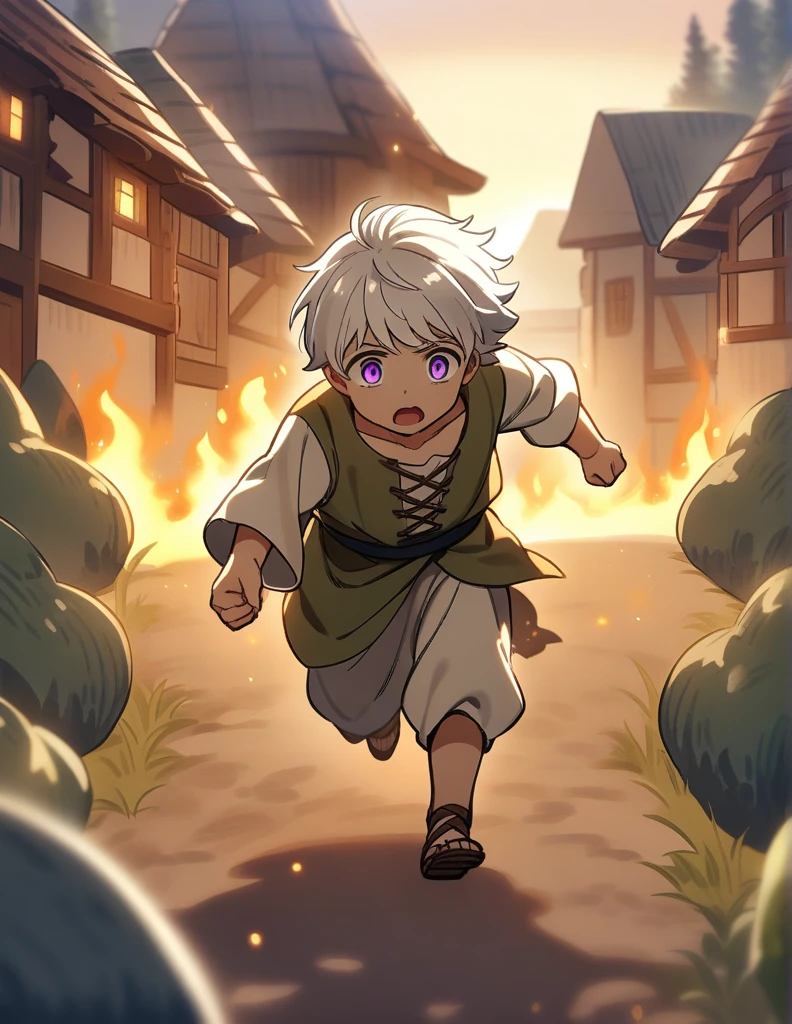  Greek boy wiwhite hair, violet eyes, wearing peasant clothes, desperate and running alone through his burning village