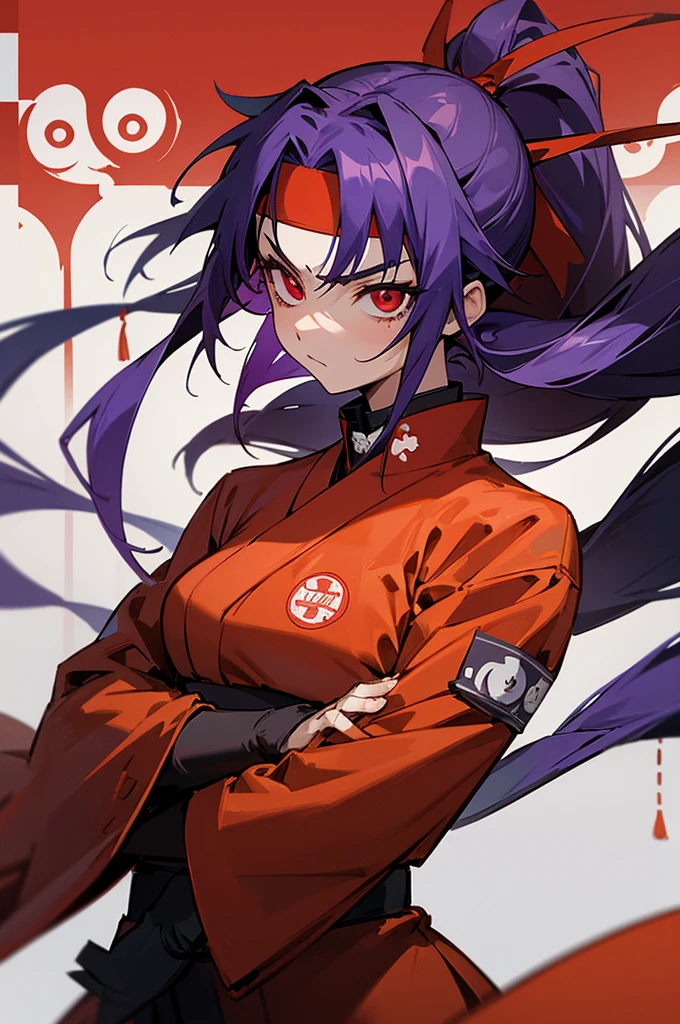 the anime, (Best Quality), 1girl, stands still, (Wide body), (ninja dojo in the background), ((messy purple hair)), medium length hair,, ((Impassive red eyes)), japanese ninja clothes, Open red coat ((red with jalapenos patterns)), ((hem at the waist)), The Art of the Demon Slayer, demon slayer artstyle, kimetsu no yaiba, mature female, muscular, upper body, perfect golden eyes, ninja headband,