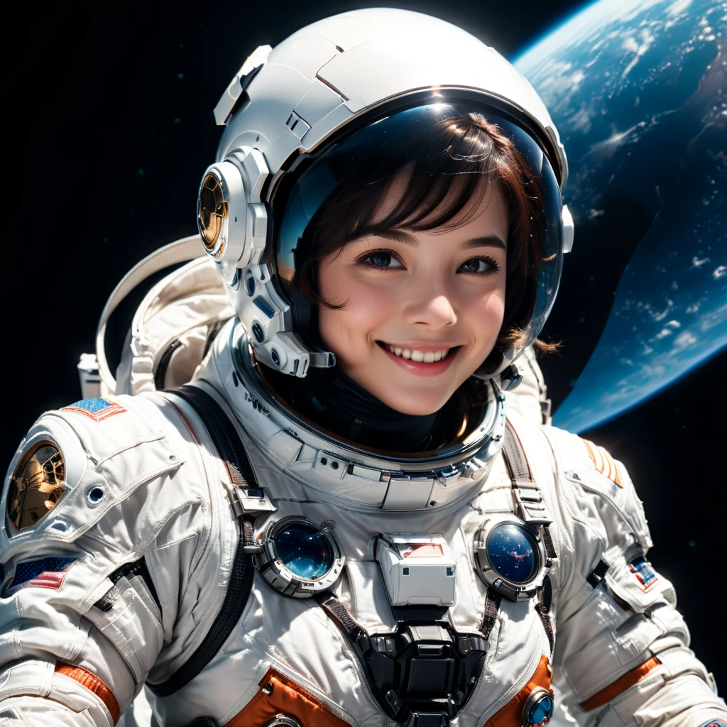 an astronaut levitating in space,smile,helmet,gloves,perfect anatomy,innocent,cinematic lighting,(masterpiece,8k,Professional,perfect composition,very aesthetic,absurdres,ultra-detailed,intricate details:1.4),perfect proportion