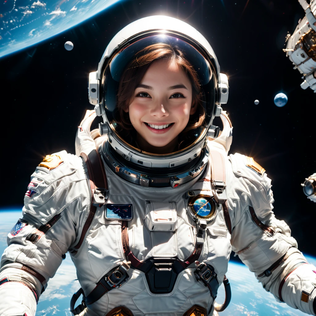 an astronaut levitating in space,smile,helmet,gloves,perfect anatomy,innocent,cinematic lighting,(masterpiece,8k,Professional,perfect composition,very aesthetic,absurdres,ultra-detailed,intricate details:1.4),perfect proportion