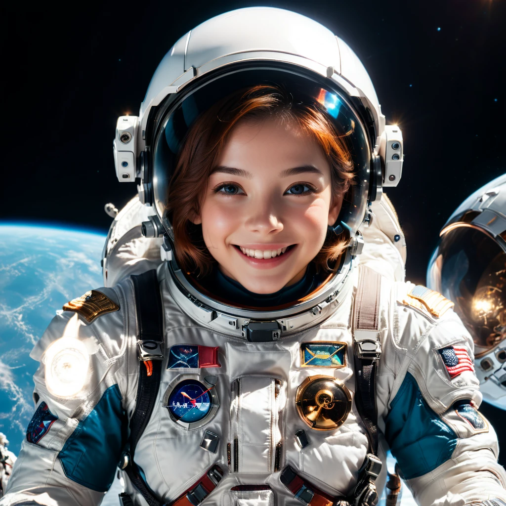 an astronaut levitating in space,smile,helmet,gloves,perfect anatomy,innocent,cinematic lighting,(masterpiece,8k,Professional,perfect composition,very aesthetic,absurdres,ultra-detailed,intricate details:1.4),perfect proportion