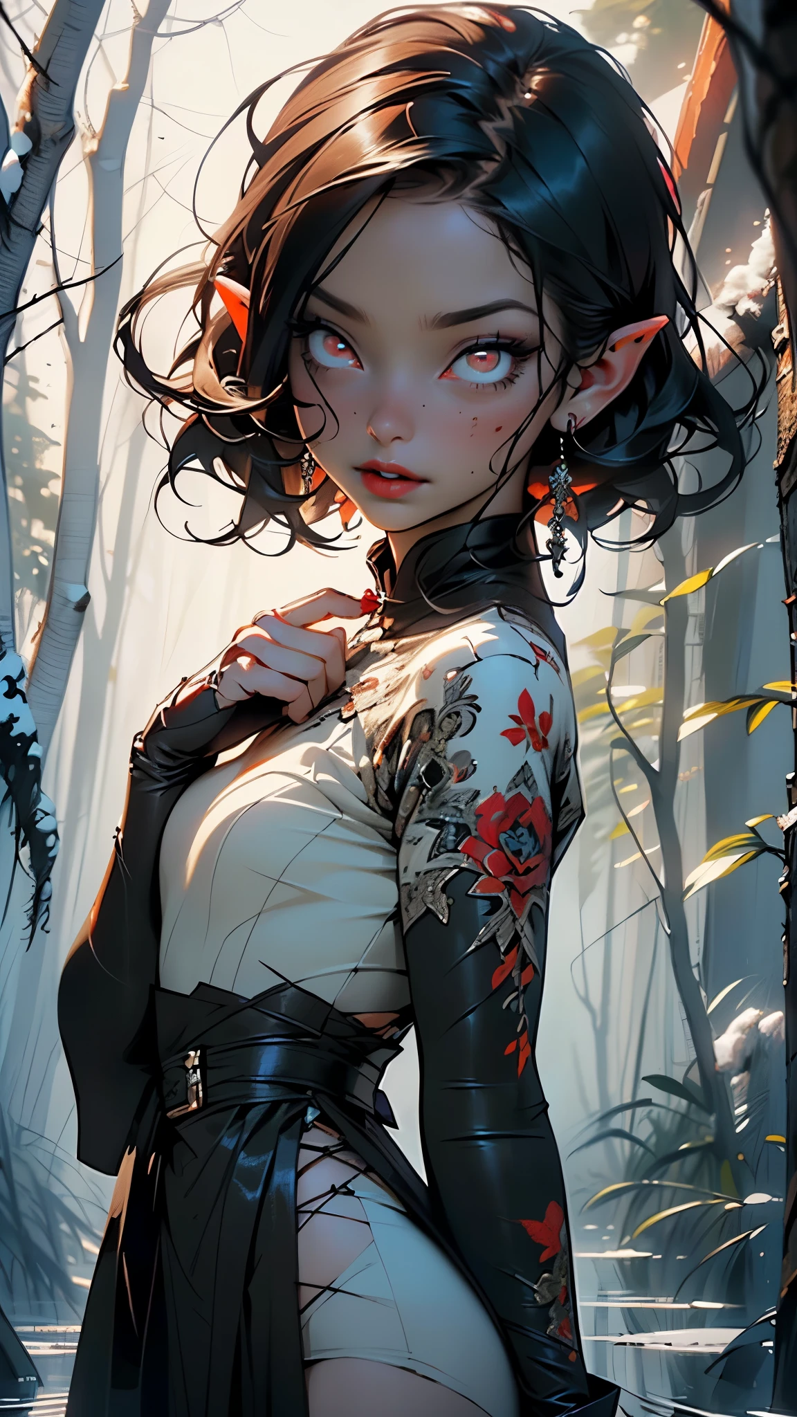 evil elf,(((little ,tiny little body,little))),(((6 years old))),((anime elf with extremely beautiful black hair)),(((elf))),(((elf ears))),
(((flat chest))),((((black hair:1.35,short black hair,colored inner hair,ear breathing)))),(((red_eyes:1.3))),intricate eyes,beautiful detailed eyes,symmetrical eyes,big eyes:1.5,(detailed body,(detailed face)),Vampires,((Red glowing eyes)),evil look,Clear facial features,Vampire fangs exposed,(((bloody,bloody eyes,fantasy and horror art,blood on the face,horribly beautiful eyes,blood red lips,))),
cute,slutty,erotic,daring,((nsfw)),
zettai ryouiki,revealing clothing,show skin,(((Dressed in a gorgeous Gothic dress,rosette,Skull decoration,the bats,The body is surrounded by a red mist,rays of moonlight))),(black gloves),((Torn and dirty clothes, disturbingly pale skin, creepy atmosphere)),(((intricate outfit,intricate clothes,embroidered outfit,ornate outfit,embroidered clothes,ornate clothes))),
(dynamic pose:1.0),crazy,horror,(centered,scale to fit dimensions,Rule of thirds),
((Premonitory feeling of danger, horror movie vibrations, Nightmare horror)),
((snowy pine forest at night, dark forest, swamp, murky water, foggy, creepy aura, eerie atmosphere)),with dark stormy clouds,winter,scenery:1.25,intricate scenery,((snow forest background)),
(Glossy winter ornaments),highres,sharp focus,(ultra detailed,extremely detailed),(photorealistic artwork:1.37),(extremely detailed CG unity 8k wallpaper),(((vibrant colors,vibrant theme))),(intricate),(masterpiece),(best quality),artistic photography,(photography taken by sldr),(intricate background),perfect rendered face,perfect face details,realistic face,photo realistic,((intricate detail)),(((realism))),