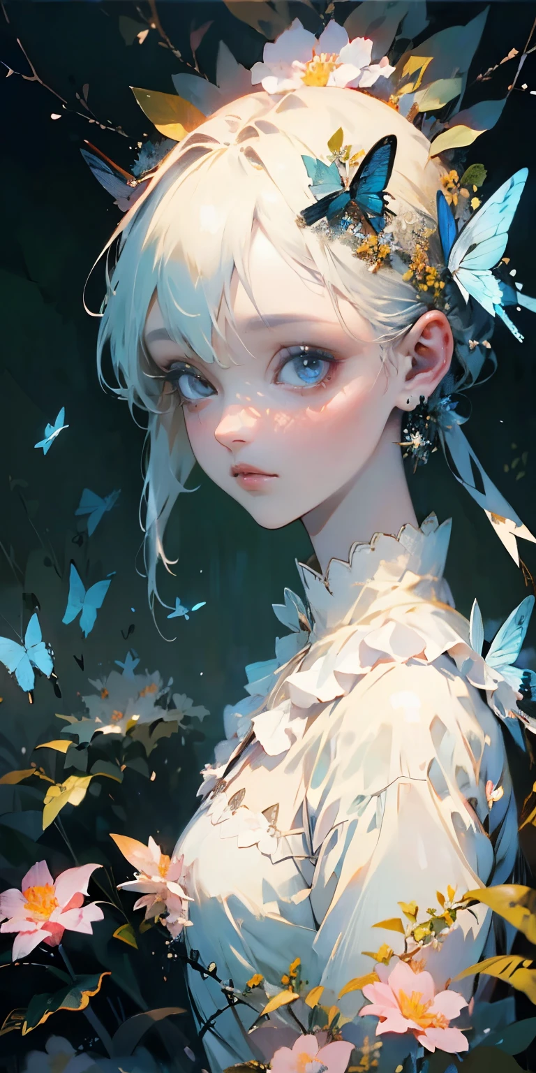 (top quality, masterpiece, super realistic), portrait of one beautiful and delicate girl with a soft and sad expression, the landscape in the background is a garden with flowering bushes and butterflies flying around in blue tones.