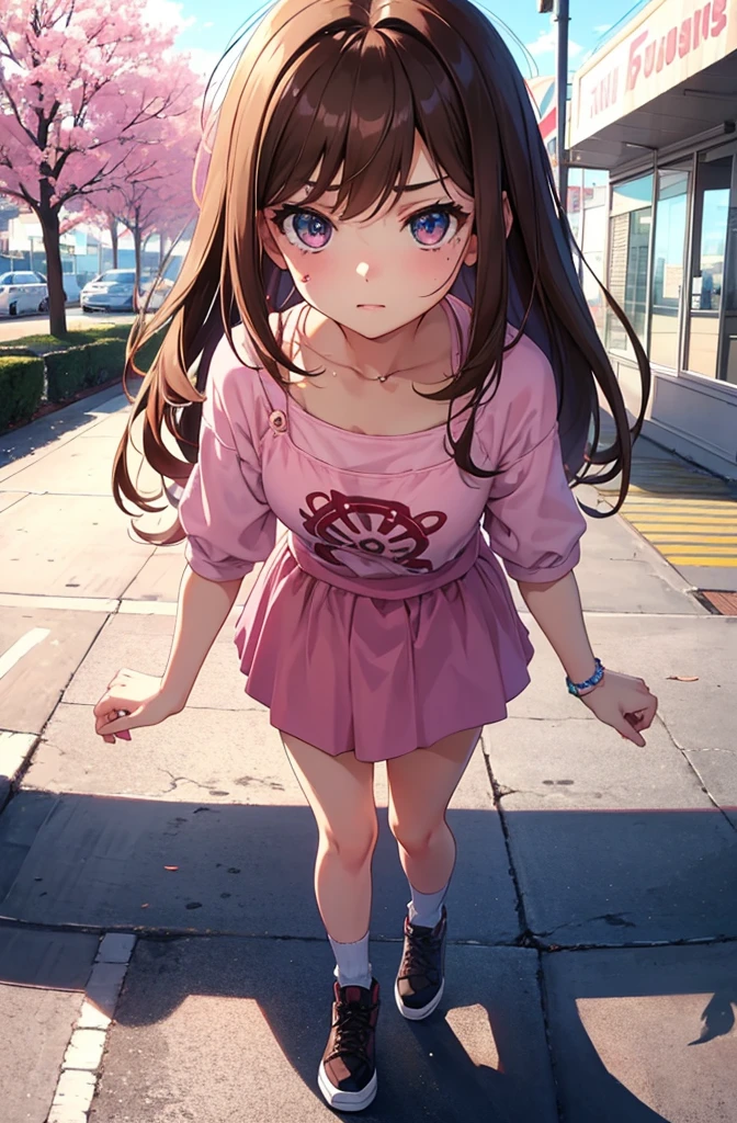 {{Teenage female, caucasian}}, looking at viewer, hazel eyes, extremely detailed, brown hair, pink clothes, bully, mean girl, tough girl, , bruises, scars, happy, best quality, high quality, extremely detailed anime screencap, full body