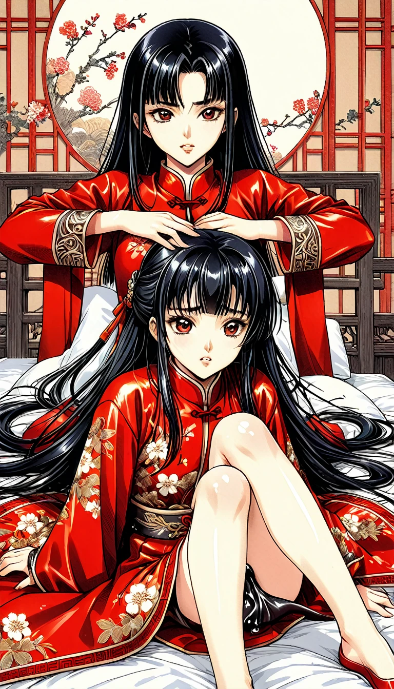 A tragic historical drama in 8k live-action style: Beautiful palace secrets Beautiful 10 year old Chinese Kung Fu girl with long black hair Gorgeous embroidery, Ultra glossy, She is wearing a shiny red top and bottom long sleeve floral pajama kung fu suit.... She is laid down on a floral futon. She spreads her legs wide and poops from her anus、Filth、A huge amount of poop drips out of her anus and pussy