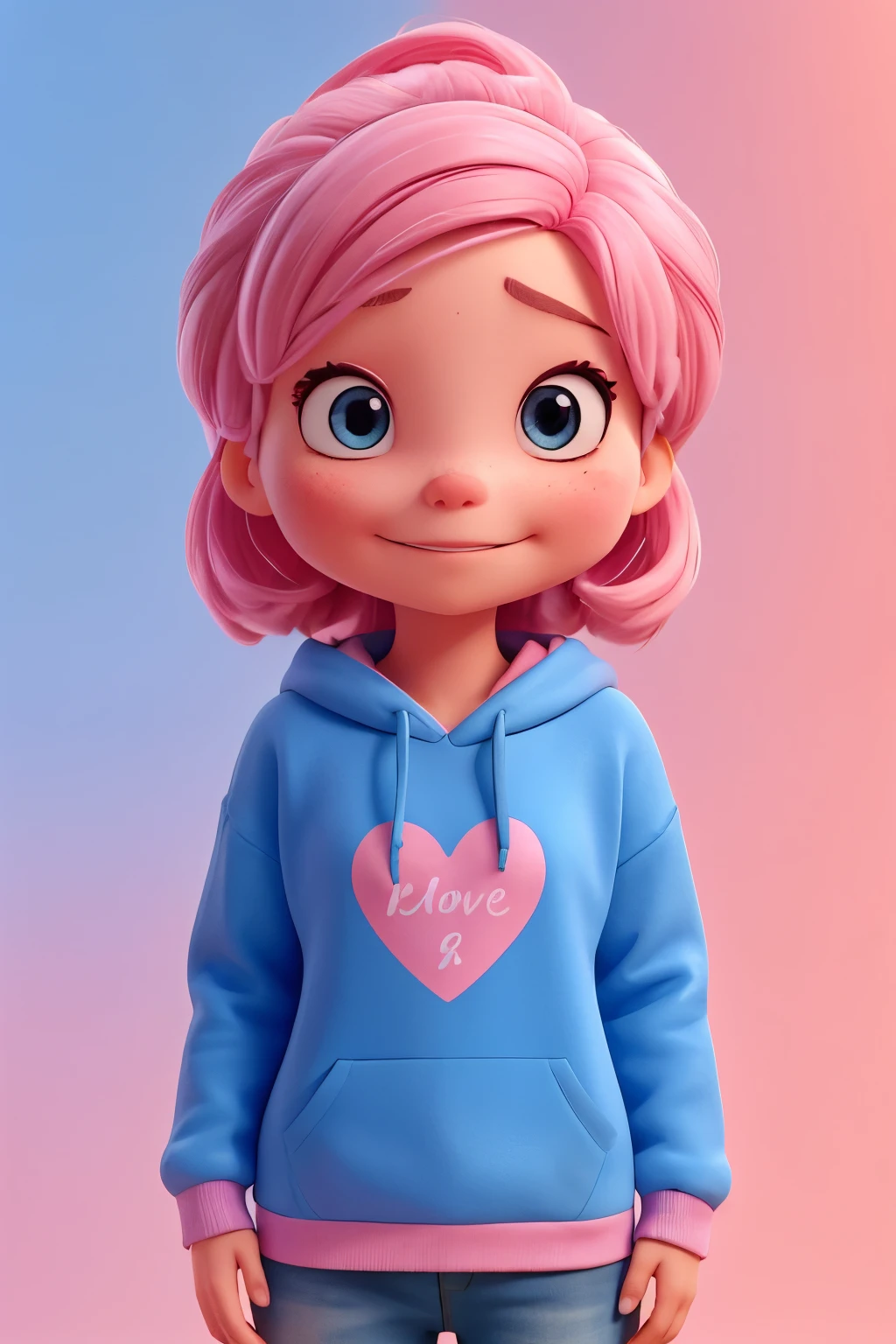 And an emotion of fun mind 2 she has pink skin ,blue sweatshirt, name love