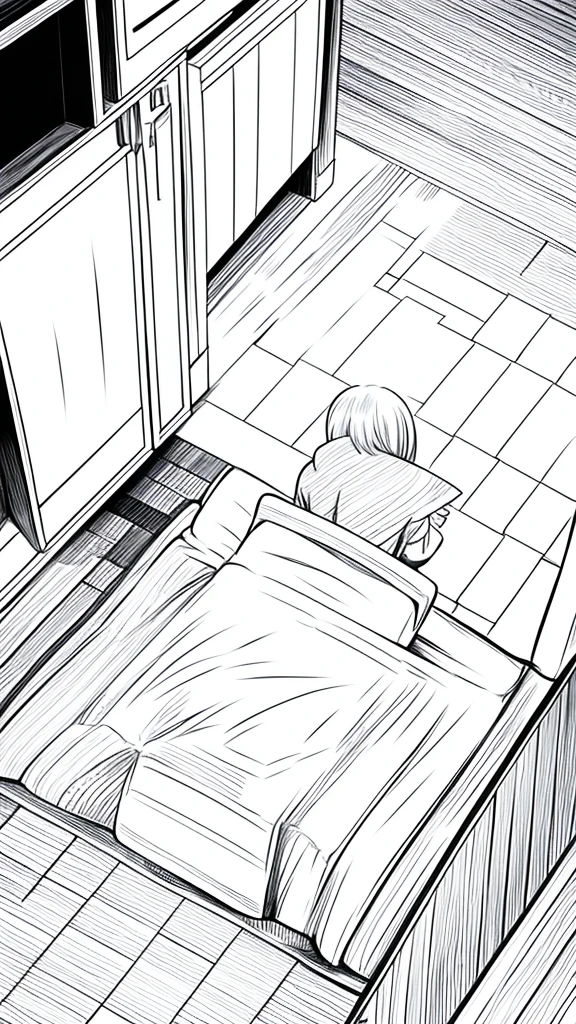 manga drawing with an anime girl from behind ,with overhead shot from above looking at a nightstand on the floor