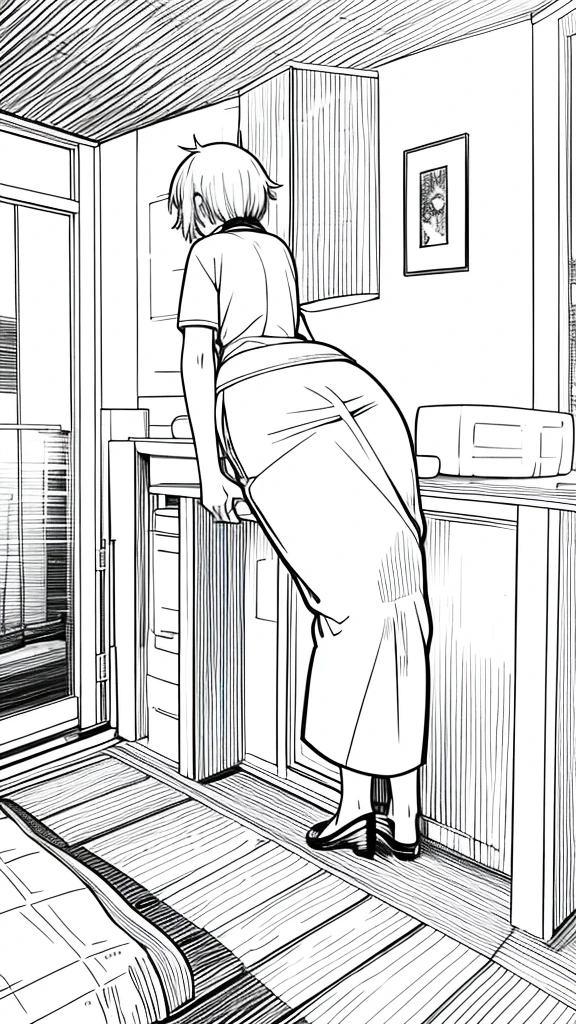 manga drawing with an anime girl from behind ,with overhead shot from above looking at a nightstand on the floor