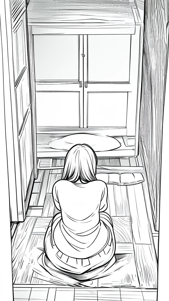 manga drawing with an anime girl from behind ,with overhead shot from above looking at a nightstand on the floor