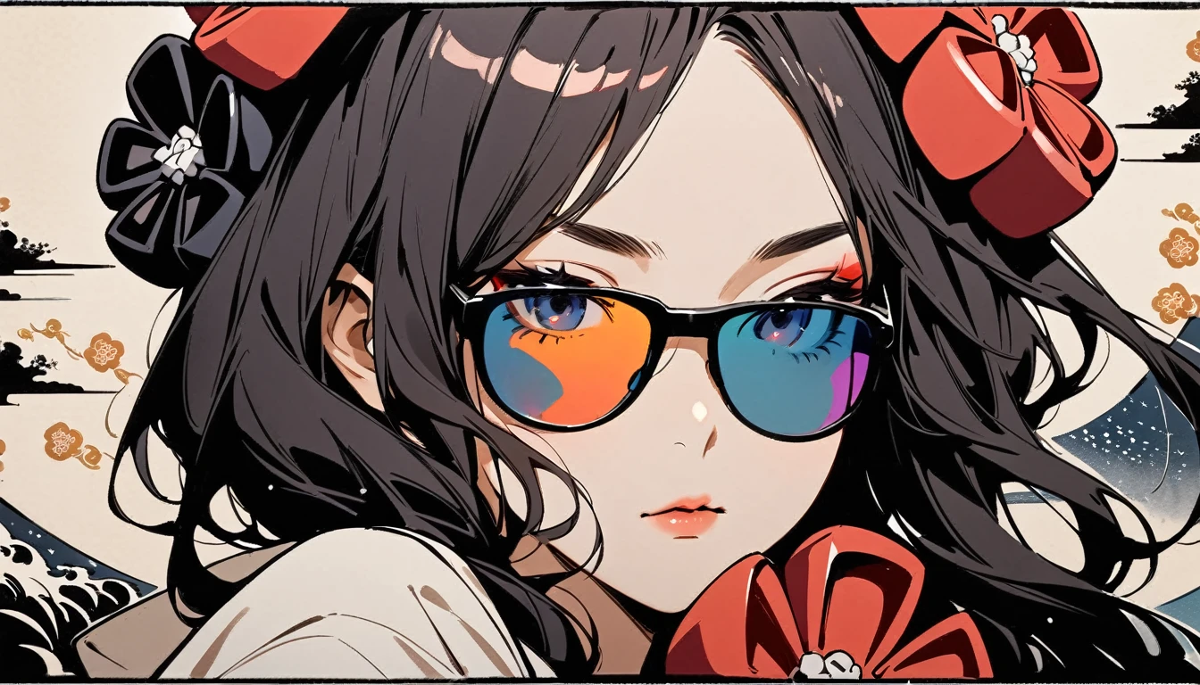 (((Highest quality))), (((Katsushika Hokusai))), (((Ink Painting))), ((very straight longhair)), ((1 girl)), ((sunglasses)), ((beautiful girl)), Japanese style headphones, Black Hair, Delicate and precise, Modern ukiyo-e style, face close up