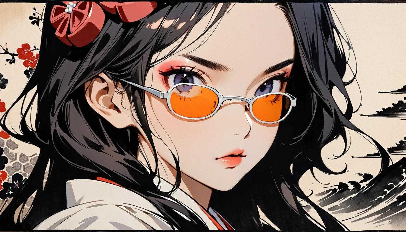 (((Highest quality))), (((Katsushika Hokusai))), (((Ink Painting))), ((very straight longhair)), ((1 girl)), ((sunglasses)), ((beautiful girl)), Japanese style headphones, Black Hair, Delicate and precise, Modern ukiyo-e style, face close up