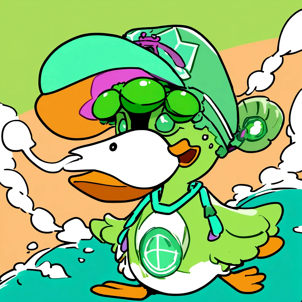 Logo in the shape of a cartoon duck breathing fire and playing baseball, predominant lime green.