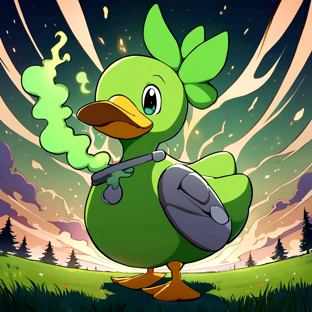 Logo in the shape of a cartoon duck breathing fire and playing baseball, predominant lime green.