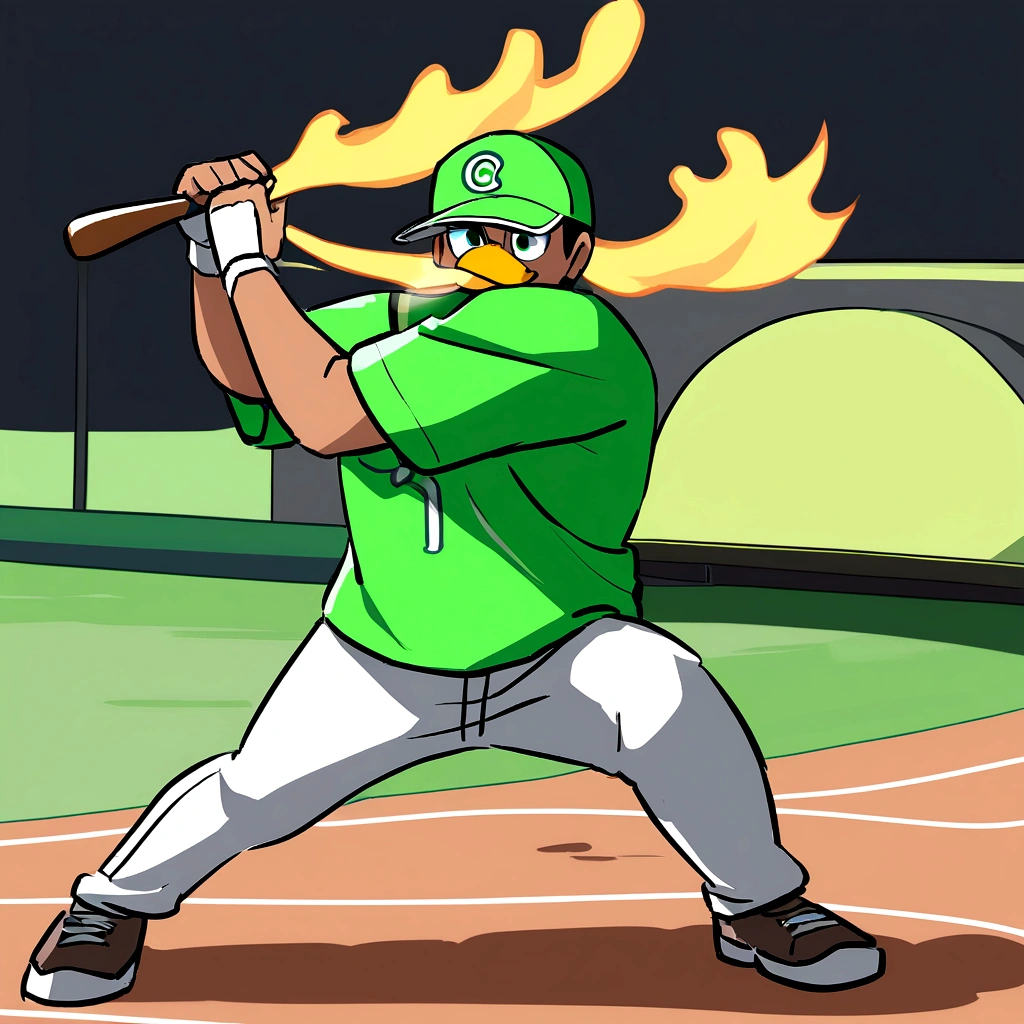 Logo in the shape of a cartoon duck breathing fire and playing baseball, predominant lime green.