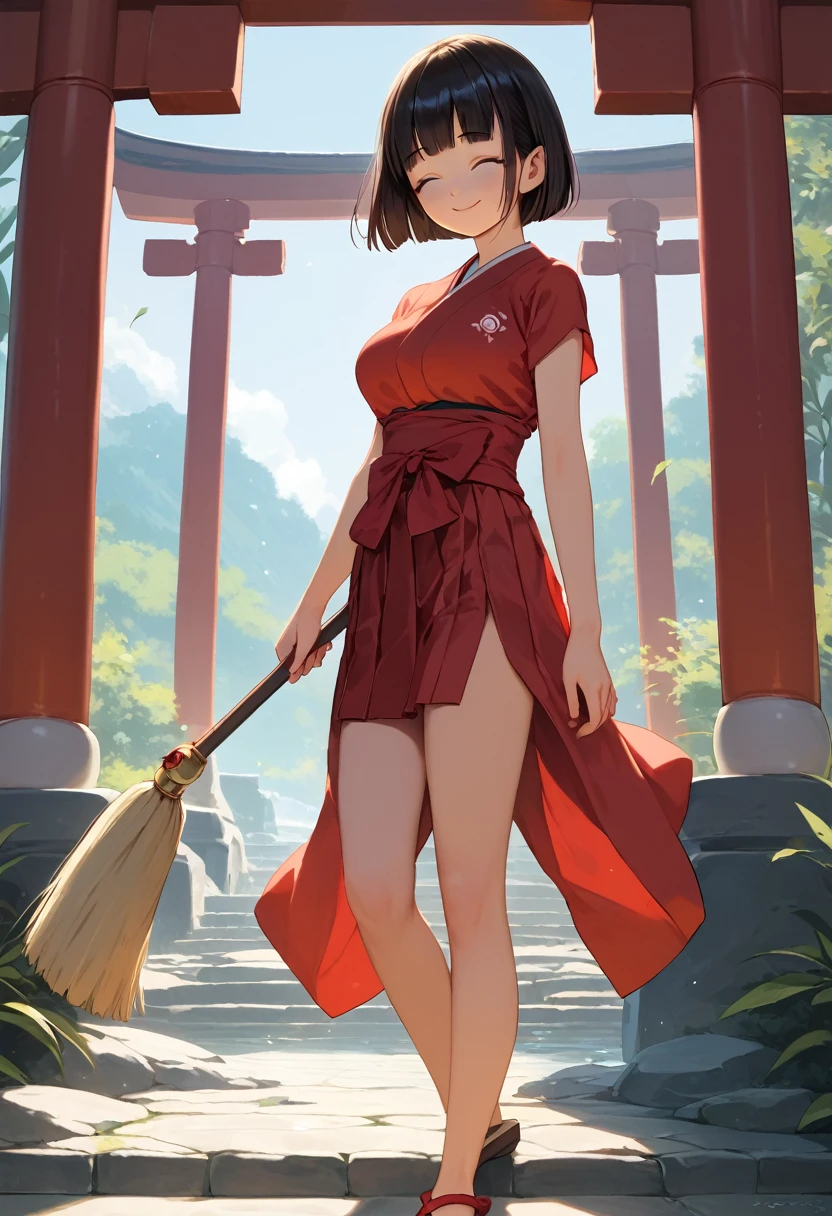 score_9,score_8_up,score_7_up,masterpiece,best quality, source anime, realistic, super detailed, extreme detailed, rating_safe,
1girl, standing, holding bamboo broom, looking up,
BREAK girl, 22yo, short hair, bob cut, (blunt bangs), black hair, (tareme, detailed cute brown eyes), curled eyelashes, (large :0.9),
shiny hair, beautiful detailed eyes, beautiful face,
slender, small ass, sllegs,
miko, shrine maiden clothes, red hakama,
(closed eyes:1.2), smile,
Japanese shrine, torii, morning, stone stairs, stately,