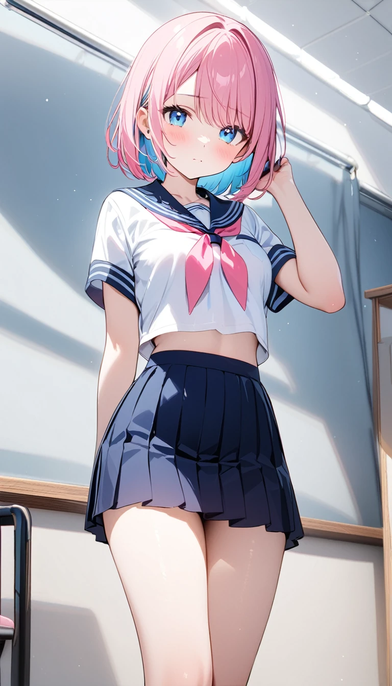 (1 girl),(Best Picture Quality, 8K, Masterpiece:1.3), (high school student:1.5), (pink lob hair:1.1), [skyblue hair:0.1], (bob cut),(swept bangs), (cute eyes, pupil black, iris skyblue, youthful face), (mole under right eye), (standard weight), (small breasts), (glistening skin:1.1),(pale skin:1.2), ((serafuku, white sailor short sleeve simple shirt, darkblue skirt, darkblue sailor collar, pink ribbon)).