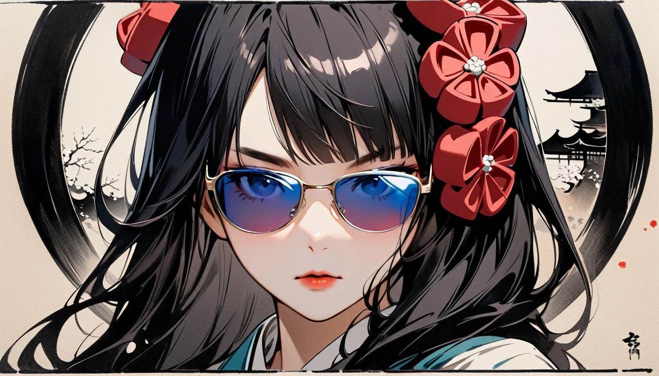 (((Highest quality))), (((Katsushika Hokusai))), (((Ink Painting))), ((very straight longhair)), ((1 girl)), ((sunglasses)), ((beautiful girl)), Japanese style headphones, Black Hair, Delicate and precise, Modern ukiyo-e style, face close up