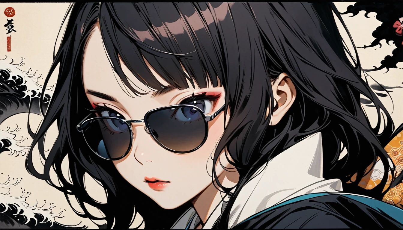 (((Highest quality))), (((Katsushika Hokusai))), (((Ink Painting))), ((very straight longhair)), ((1 girl)), ((sunglasses)), ((beautiful girl)), Japanese style headphones, Black Hair, Delicate and precise, Modern ukiyo-e style, face close up