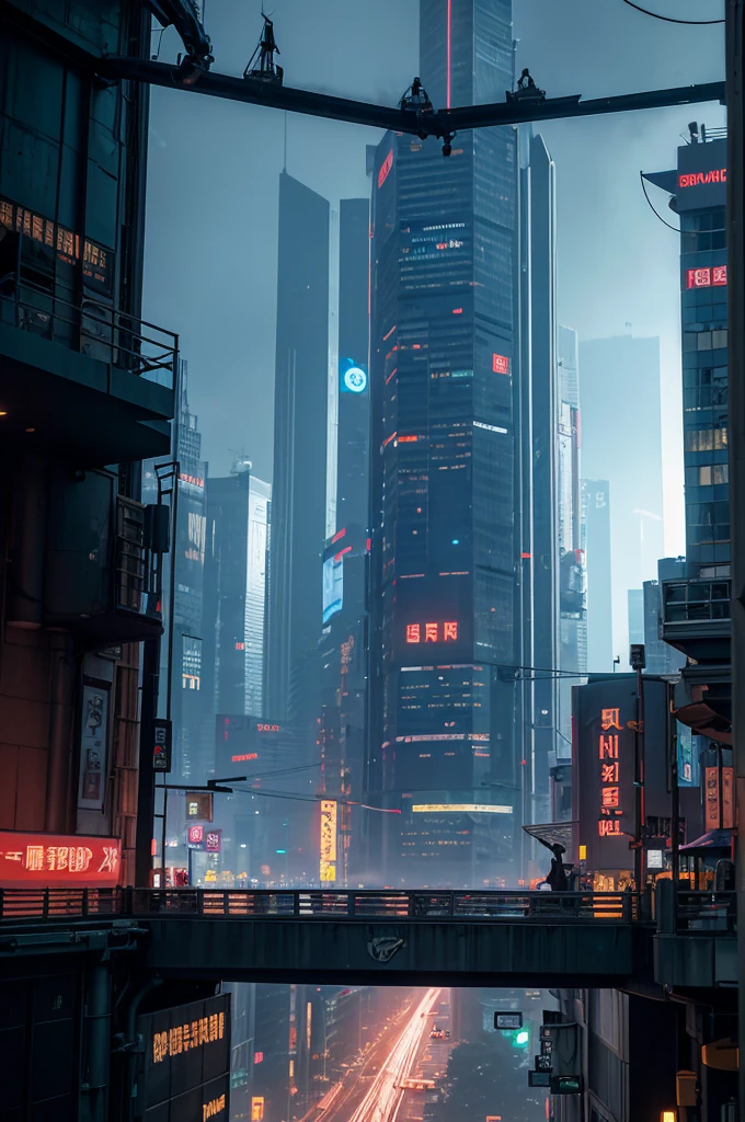 Please create a detailed map for a tabletop RPG with a futuristic and cyberpunk setting. The map should include a large city with towering skyscrapers and neon signs, bustling streets with flying vehicles, industrial areas with automated factories, and some darker, more run-down neighborhoods. Also, include a central zone that serves as a meeting point or market where characters can interact and trade. The atmosphere should be technological, with touches of dystopia and high technology present in all aspects of life.