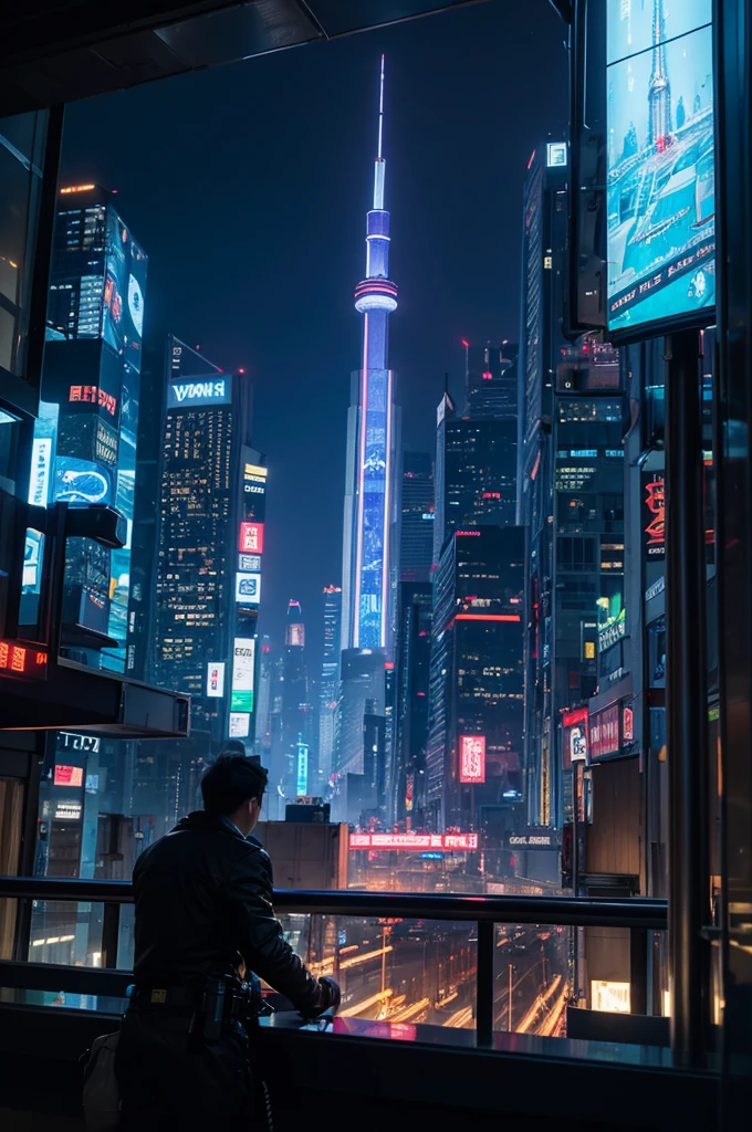 Please create a detailed map for a tabletop RPG with a futuristic and cyberpunk setting. The map should include a large city with towering skyscrapers and neon signs, bustling streets with flying vehicles, industrial areas with automated factories, and some darker, more run-down neighborhoods. Also, include a central zone that serves as a meeting point or market where characters can interact and trade. The atmosphere should be technological, with touches of dystopia and high technology present in all aspects of life.