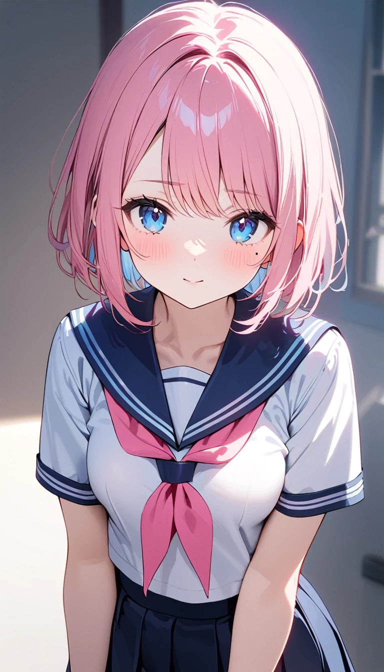 (1 girl),(Best Picture Quality, 8K, Masterpiece:1.3), (high school student:1.5), (pink lob hair:1.1), [skyblue hair:0.1], (bob cut),(swept bangs), (cute eyes, pupil black, iris skyblue, youthful face), (mole under right eye), (standard weight), (small breasts), (glistening skin:1.1),(pale skin:1.2), ((serafuku, white sailor short sleeve simple shirt, darkblue skirt, darkblue sailor collar, pink ribbon)).