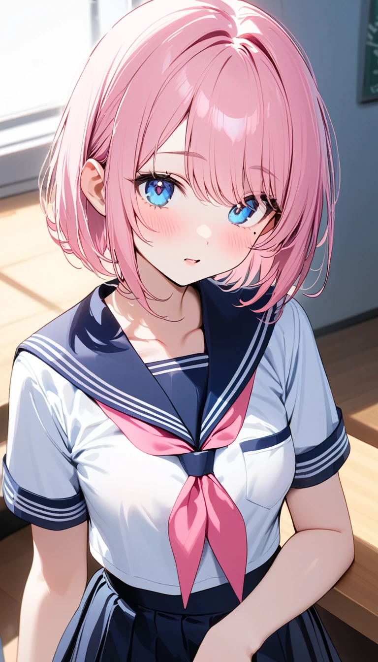 (1 girl),(Best Picture Quality, 8K, Masterpiece:1.3), (high school student:1.5), (pink lob hair:1.1), [skyblue hair:0.1], (bob cut),(swept bangs), (cute eyes, pupil black, iris skyblue, youthful face), (mole under right eye), (standard weight), (small breasts), (glistening skin:1.1),(pale skin:1.2), ((serafuku, white sailor short sleeve simple shirt, darkblue skirt, darkblue sailor collar, pink ribbon)).