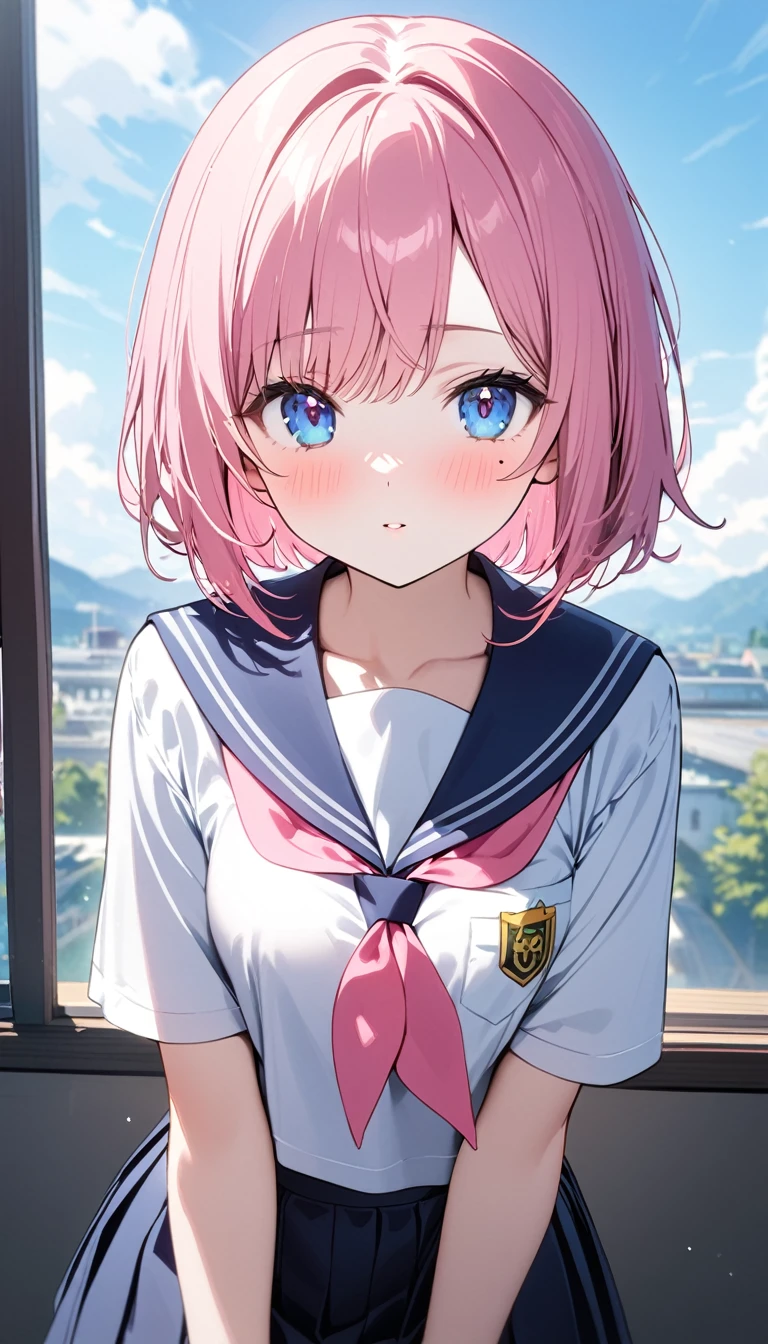 (1 girl),(Best Picture Quality, 8K, Masterpiece:1.3), (high school student:1.5), (pink lob hair:1.1), [skyblue hair:0.1], (bob cut),(swept bangs), (cute eyes, pupil black, iris skyblue, youthful face), (mole under right eye), (standard weight), (small breasts), (glistening skin:1.1),(pale skin:1.2), ((serafuku, white sailor short sleeve simple shirt, darkblue skirt, darkblue sailor collar, pink ribbon)).