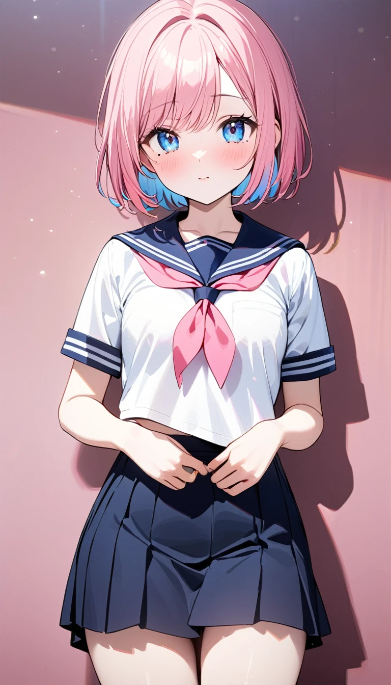 (1 girl),(Best Picture Quality, 8K, Masterpiece:1.3), (high  student:1.5), (pink lob hair:1.1), [skyblue hair:0.1], (bob cut),(swept bangs), (cute eyes, pupil black, iris skyblue, youthful face), (mole under right eye), (standard weight), (small breasts), (glistening skin:1.1),(pale skin:1.2), ((serafuku, white sailor short sleeve simple shirt, darkblue skirt, darkblue sailor collar, pink ribbon)).