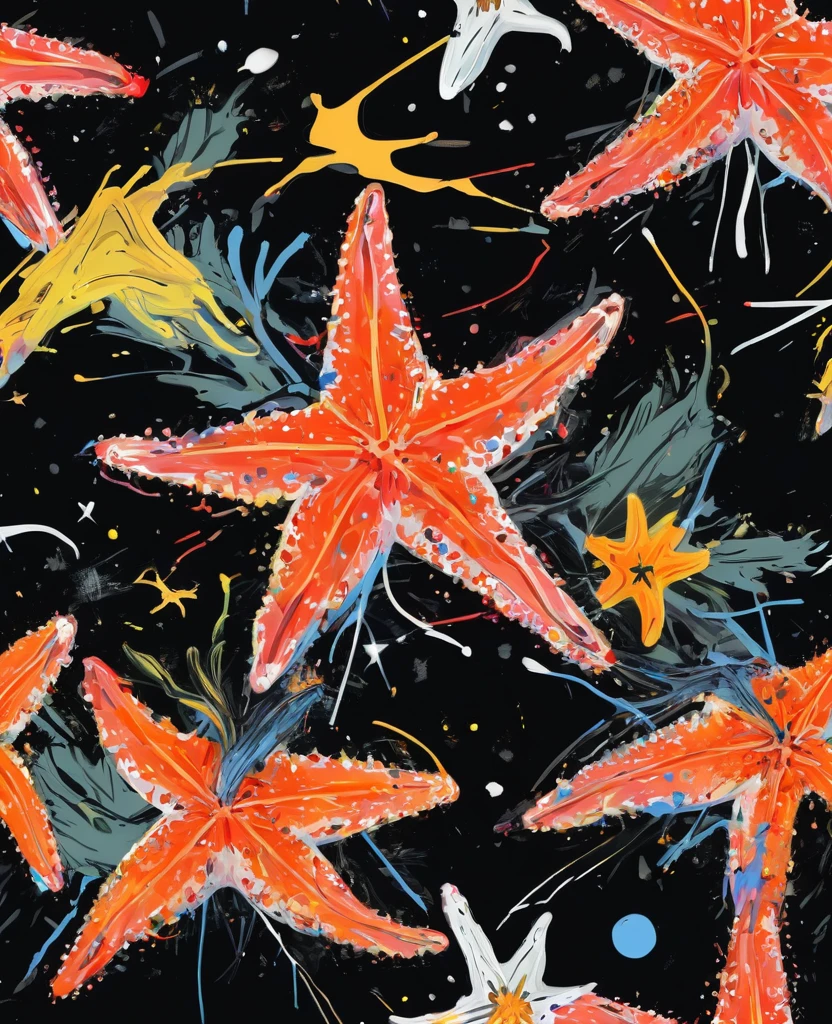 Graffiti, scribble, Comics by Petra Cortright, best quality, masterpiece, starfish artwork, Representative work, official art, Professional, Ultra intricate detailed, 8k, starfish art, Black background
