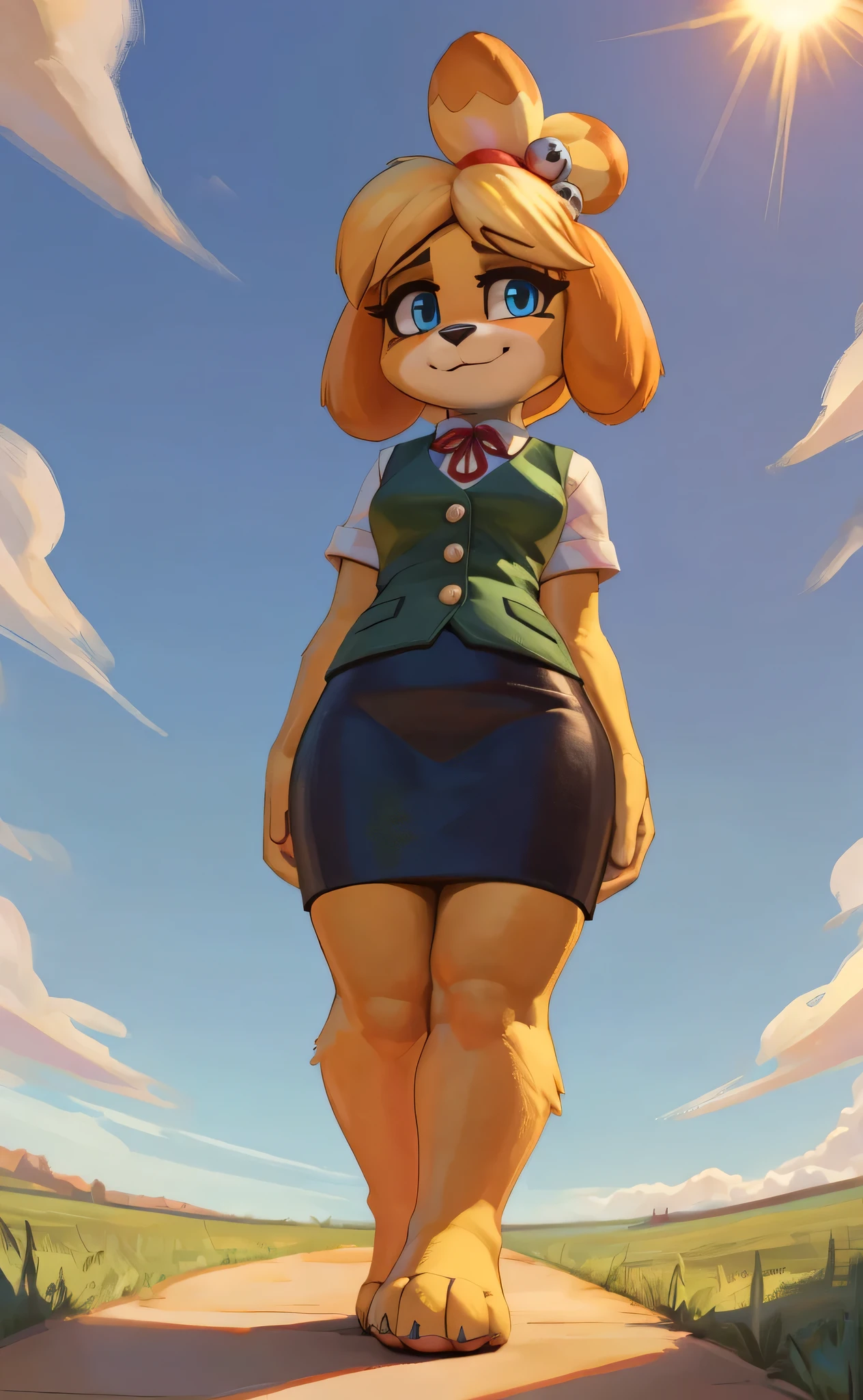 [isaCrossing], [Isabelle], [Animal Crossing], [Uploaded to e621.net; (Pixelsketcher), (wamudraws)], ((masterpiece)), ((HD)), ((high res)), ((solo portrait)), ((full body)), ((feet visible)), ((low angle view)), ((furry; anthro)), ((detailed fur)), ((detailed shading)), ((beautiful render art)), {anthro; (slim figure), yellow fur, black nose, (cute blue eyes), (blonde hair), (bells in hair), topknot, fluffy tail, (curvy hips), (beautiful legs), (blushing), (cute smile)}, {(red ribbon in hair), (short green vest), (navy blue pencil skirt)}, {(standing), (nervous demeanor), (looking at viewer)}, [background; (park), (grass plains), (beaten path), (blue sky), (sun rays), (ambient lighting)]