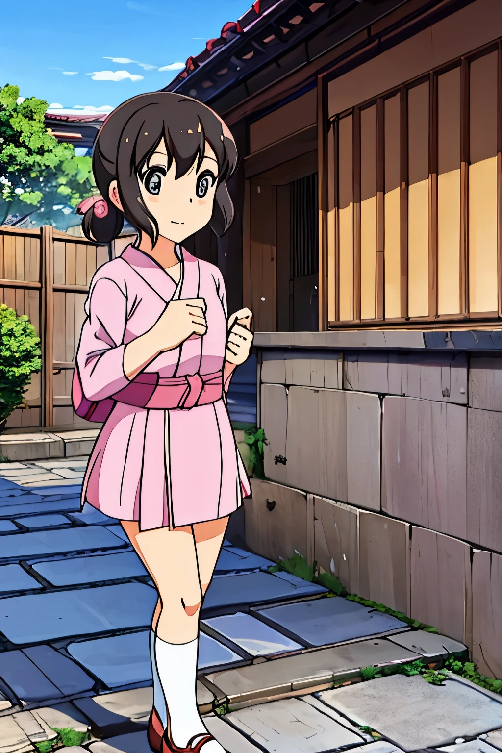 high school girl A wet, short pink yukata Cobblestone Street