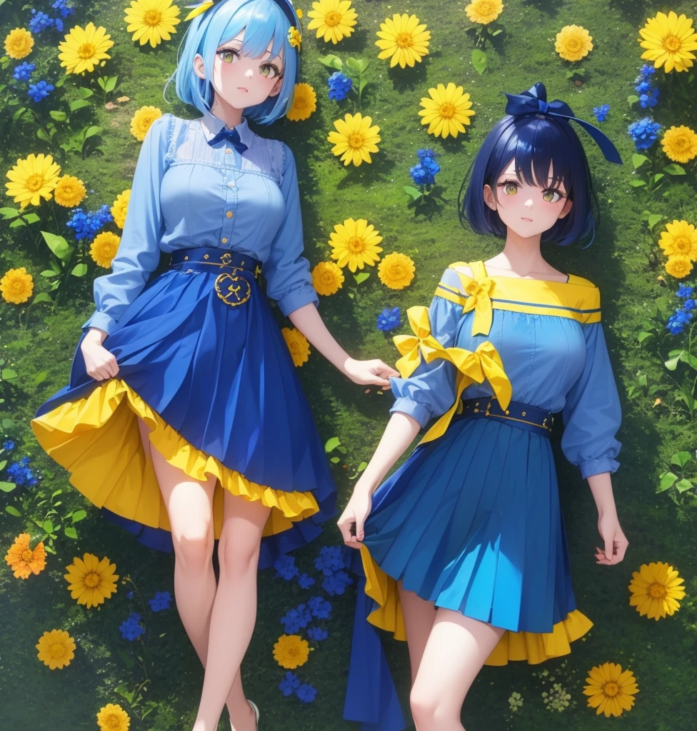 A CUTE GIRL, It is 7 heads tall, short blue hair, yellow eyes that stand out and shine, she is wearing a very small blue skirt with yellow horizontal pattern, Under the skirt she has very tight and shiny shorts, they are also very dark blue., She is wearing a blouse that highlights her exuberant breasts., The blouse also has a yellow and blue pattern, He has a yellow ribbon on his head, In his right hand he carries a yellow flower, the background is blue, sun a solid color blue and yellow, there is only one girl, there is only one girl, highlight your hips, she is blushing