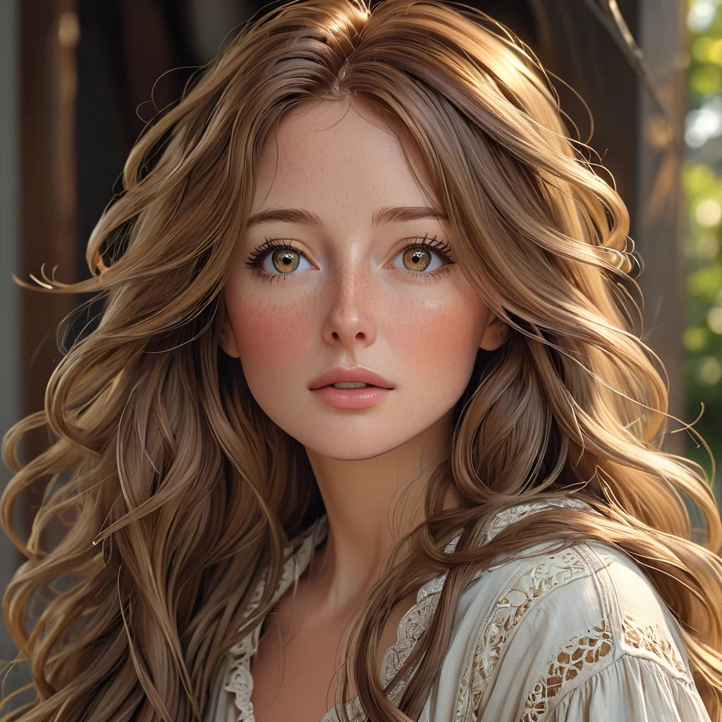 31 year olded beautiful American lady with long brown hair, extremely beautiful, 8K, highly detailed, she has an expressionless face, she has light eyebrows