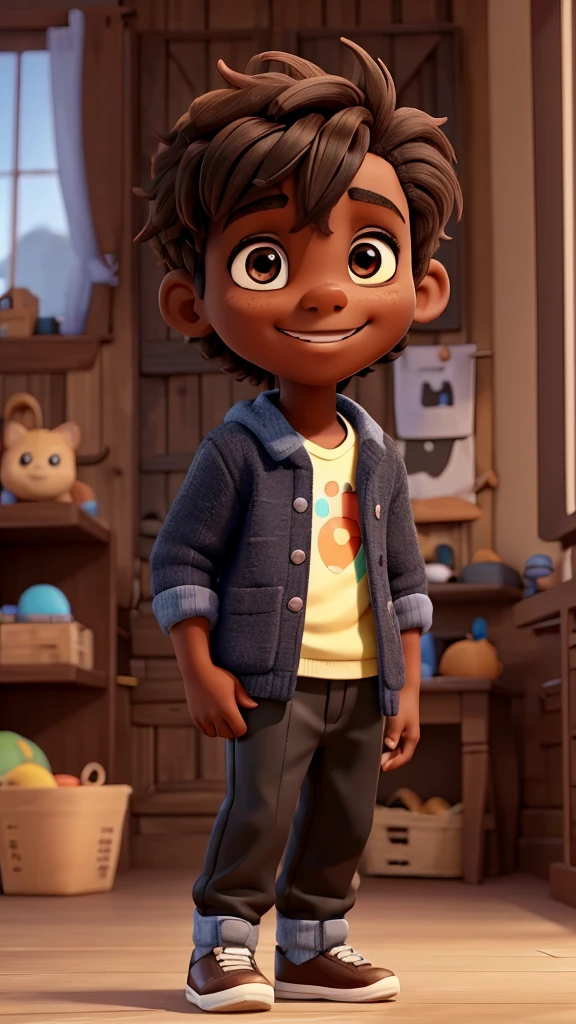 Black, A lively and curious boy, always ready to explore and learn new things. He has messy brown hair, a friendly smile and wears colorful, comfortable clothes that reflect your cheerful personality.