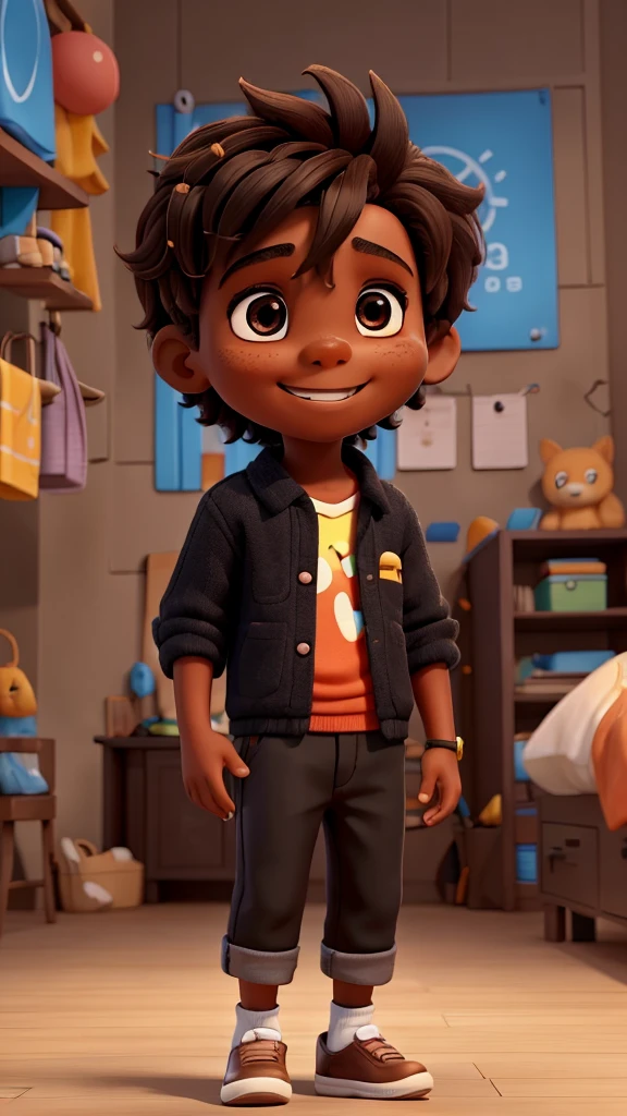 Black,  A lively and curious boy, always ready to explore and learn new things. He has messy brown hair, a friendly smile and wears colorful, comfortable clothes that reflect your cheerful personality.