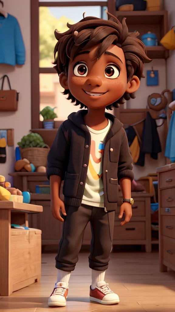 Black, A lively and curious boy, always ready to explore and learn new things. He has messy brown hair, a friendly smile and wears colorful, comfortable clothes that reflect your cheerful personality.
