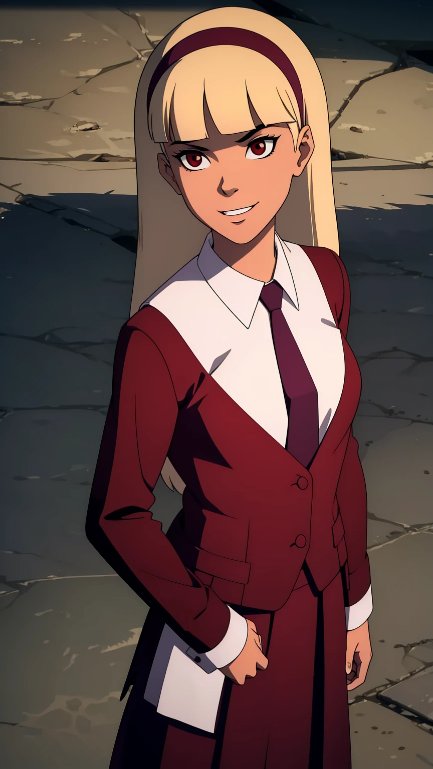 masterpiece, best quality, highres, , bangs, blunt_bangs, blonde_hair, long_hair, eyelashes, red_eyes, red_hairband, collared_shirt, formal, necktie, red_necktie, school_uniform, long_sleeves, skirt, red_skirt, white_shirt, smiling,simple background,big breasts,cleavage,look at viewer,seams,portrait,nsfw