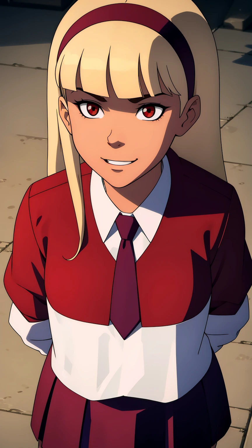 masterpiece, best quality, highres, , bangs, blunt_bangs, blonde_hair, long_hair, eyelashes, red_eyes, red_hairband, collared_shirt, formal, necktie, red_necktie, school_uniform, long_sleeves, skirt, red_skirt, white_shirt, smiling,simple background,big breasts,cleavage,look at viewer,seams,portrait,nsfw