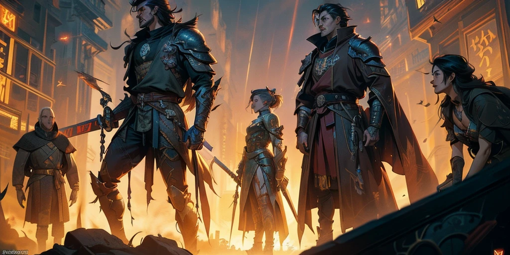 Ancient anime style, artbook, comicbook, RPG, futuristic medieval.  Warrior in dragon rat armor, with human face with glowing magic tattoos, red neon details, with technological medieval armor with glowing magic marks, full body, sword with long handle with glowing magic marks.  Epic scene, wide and deep scenery, with several depth planes, stylish and dynamic pose.  In the middle of a retro atompunk magical metropolis, mixing technology and vegetation, buildings with neon details and glowing magical vegetation, technological magical airships with glowing details in the sky.