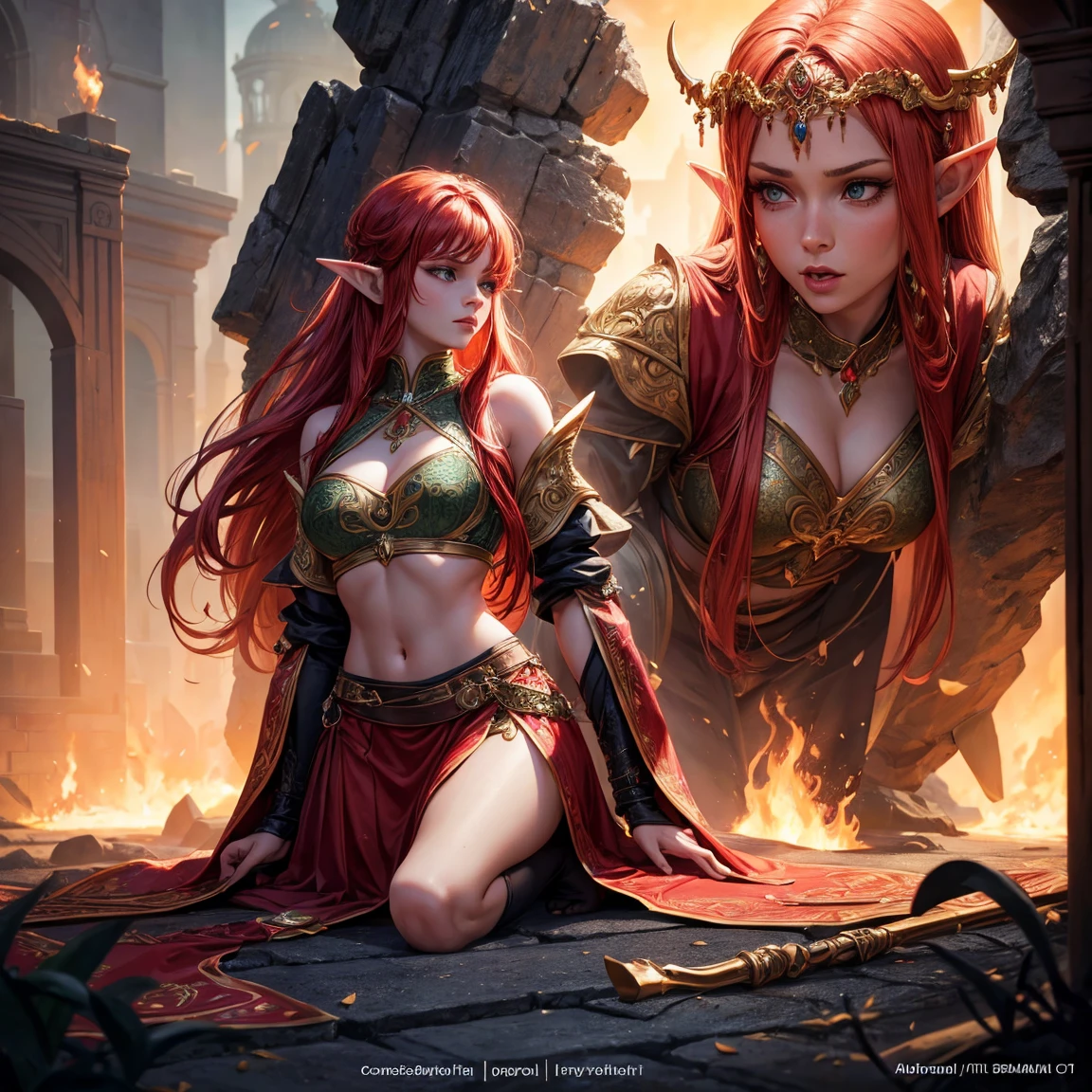 a girl, 1girl, elf, redhead long hair, breasts, long pointed ears, green eyes!!!, serious face, sexy red crop top, deep neckline, sexy red skirt, fire magic, full body, full body, tent, very sexy body, detailed face, beautiful detailed eyes, beautiful detailed lips, extremely detailed eyes and face, long eyelashes, detailed clothing, intricate details, highly detailed, photo realistic, 8k, best quality, masterpiece, cinematic lighting, dramatic lighting, vibrant colors, fantasy, digital art, concept art
